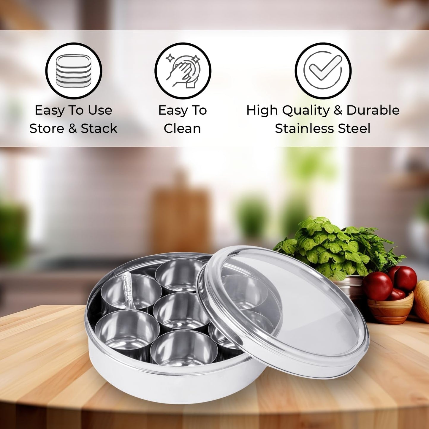 Nature's Own Stainless Steel Spice Box with Non-Breakable Transparent Glass, 7 Containers and 1 Spoon, Spice Box (22CM)