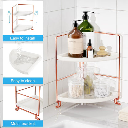 FSyueyun 2-Tier Corner Bathroom Counter Organizer, Tool-Less Installation Vanity Shelf, Small Plastics Makeup Tray