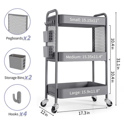 TOOLF 3 Tier Rolling Cart Storage Organizer, Metal Rolling Utility Cart with Wheels, Hooks & Bins Esthetician Craft Art Sturdy Storage with Pegboard for Bathroom, Kitchen, Office, Nursery Diaper