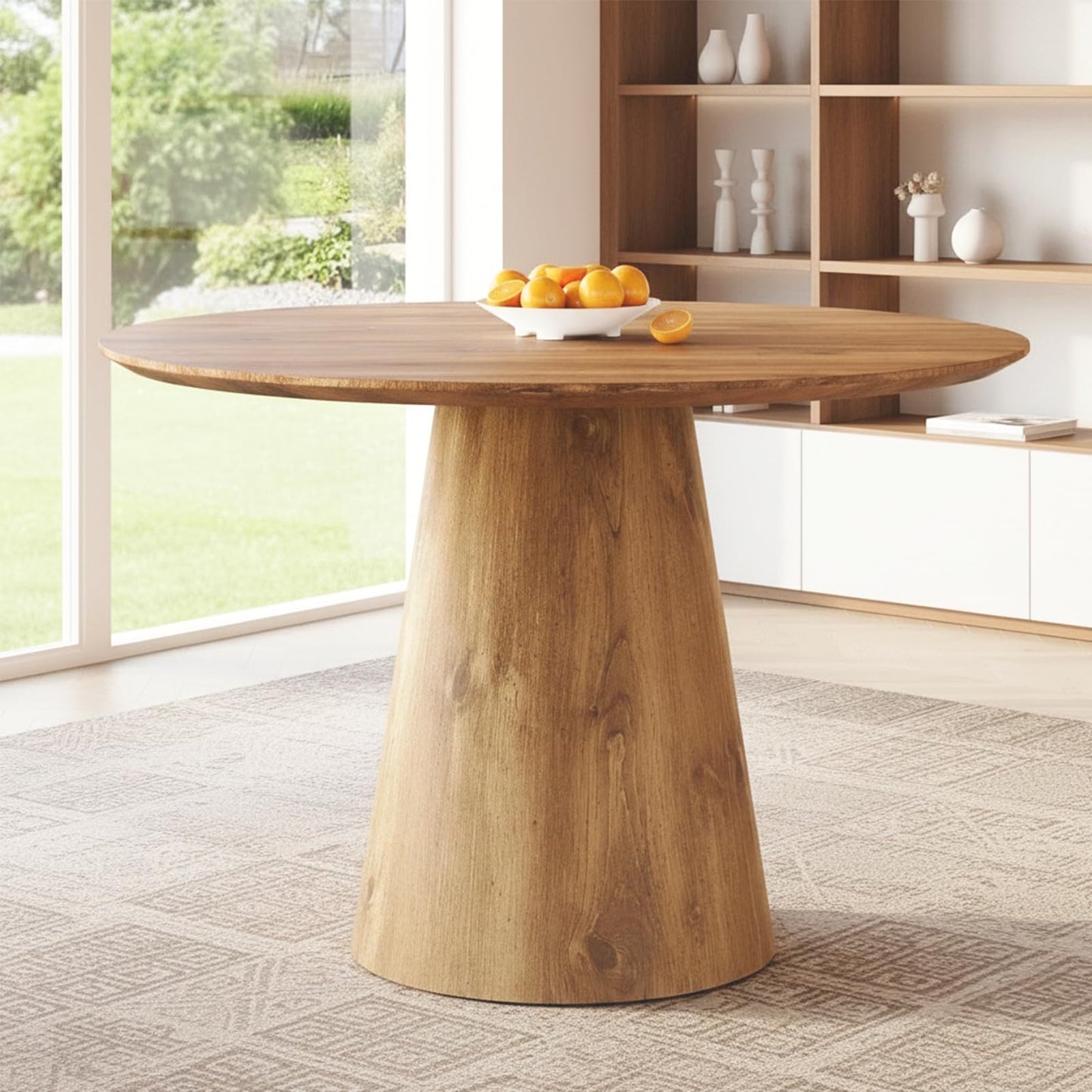 Vohuai 45-Inch Round Dining Table, Wood Round Table for 4/6, Seamless One-Piece Tabletop with Stable Conical Pedestal Base, Mid-Century Modern Round Dinner Table for Small Spaces Kitchen, Urban Family