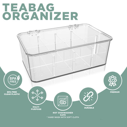 Utopia Home - Tea Bag Organizer With Lids, (2 Pack) Clear Pantry Storage Box - Stackable Partition Organizers or Holder With Lids For Drawers, Countertops, Fridge, Kitchen, Snack & Spice Organization