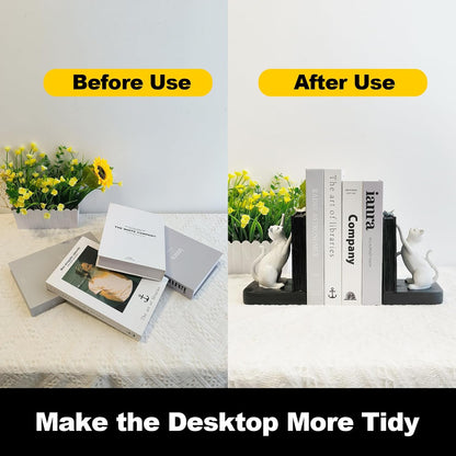 1 LIFFY Decorative Bookends, Heavy Duty Resin Cat Bookends, Non-Skid Bookshelf Stopper, Cute Cat Figures for Shelves