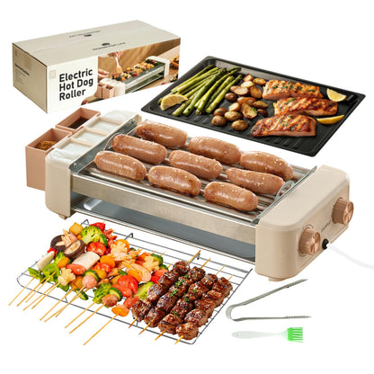 Hot Dog Roller, 3 in 1 Hot Dog Machine 6 Rollers, 3-Speed Control Hotdog Roller Grill 5ft Cord, Non-Stick Removable Grilling & BBQ Plates, for Family Gatherings & Outdoor BBQ