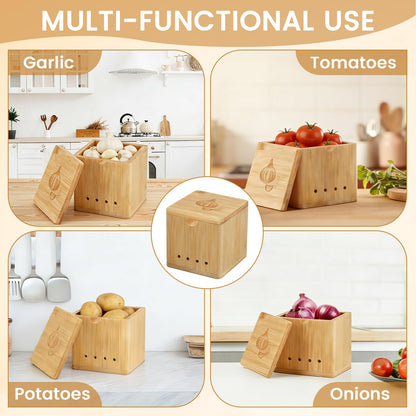 OYPGUE Bamboo Garlic Keeper for Counter, Large Garlic Holder Storage with Lid 4.72 x 4.72 x 4.72inch Rustic Garlic Jar Container to Keep Your Garlic Cloves Fresh Longer (Bamboo)