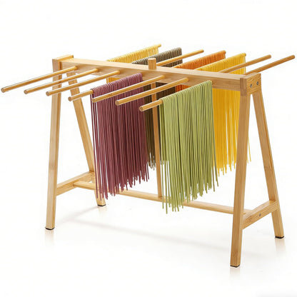 Pumtus Bamboo Pasta Drying Rack, 14-Bar Noodle Dryer Stand with Transfer Wand, Large Sturdy Spaghetti Lasagna Hanger, Stable Household Noodle Drying Rack for Pasta Linguine