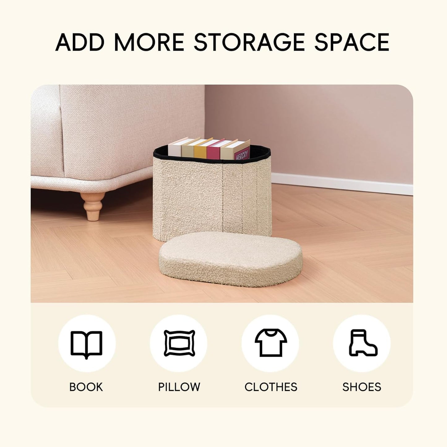 16.1"x12.2"x12.2" PINPLUS Storage Ottoman Boulce Tufted Folding Small Ottomans Bench Foot Rest with Storage (Beige)