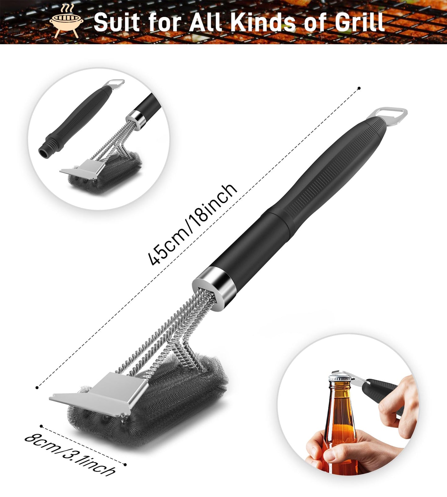 Grill Brush and Scraper-18 Adjustable Handle Safe BBQ Grill Brush for Outdoor Grill-Deep BBQ Clearning Brush wih Bottle Operner Extra Strong Grill Cleaner Accessories for Gas/Charcoal Grilling Grates