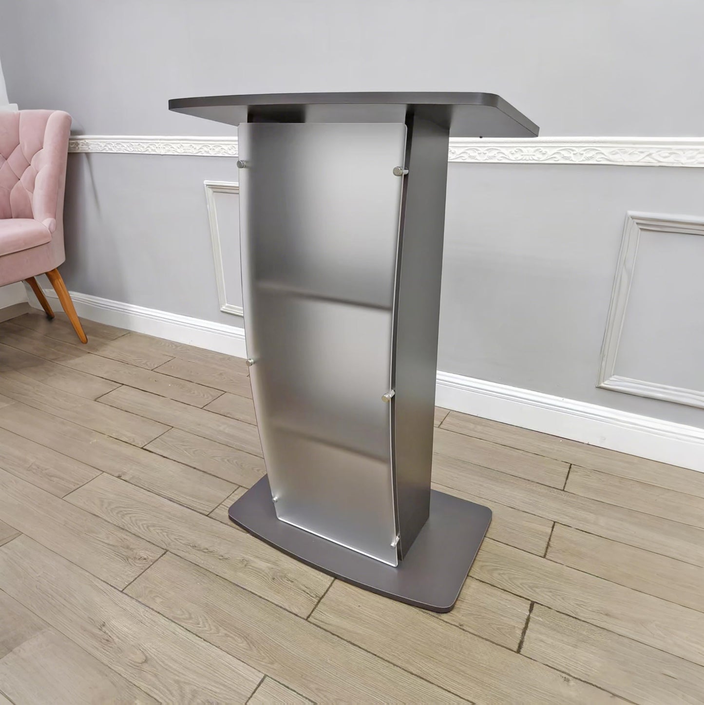 FixtureDisplays® 44.3" Tall Podium for Floor, Curved Frosted Front Acrylic Panel - Dark Grey 19658-GREY-NEW-NPF
