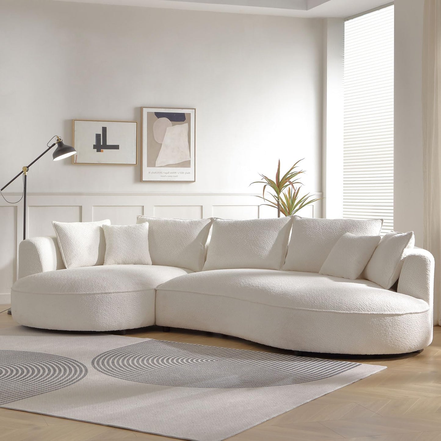 KEIKI 129" Luxury Curved Boucle Sectional Sofa with Left Chaise, Upholstered Modern Style Oversized 5-Seater Couch with Thickened Seat Cushions, Easy Assembly, for Apartment, Living Room, White