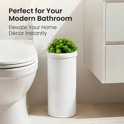 Cesun Toilet Paper Storage Bin, Enclosed Toliet Paper Holder with 3-Roll Capacity, White Stainless Steel Canister with Decorative Green Plant Lid