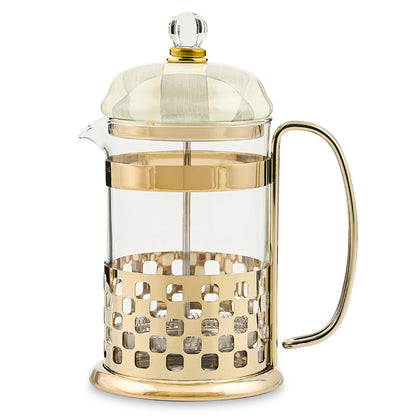 MACKENZIE-CHILDS Coffee French Press, Glass French-Press Coffee Maker, 32-Ounce Capacity, Gray-and-White Sterling Check