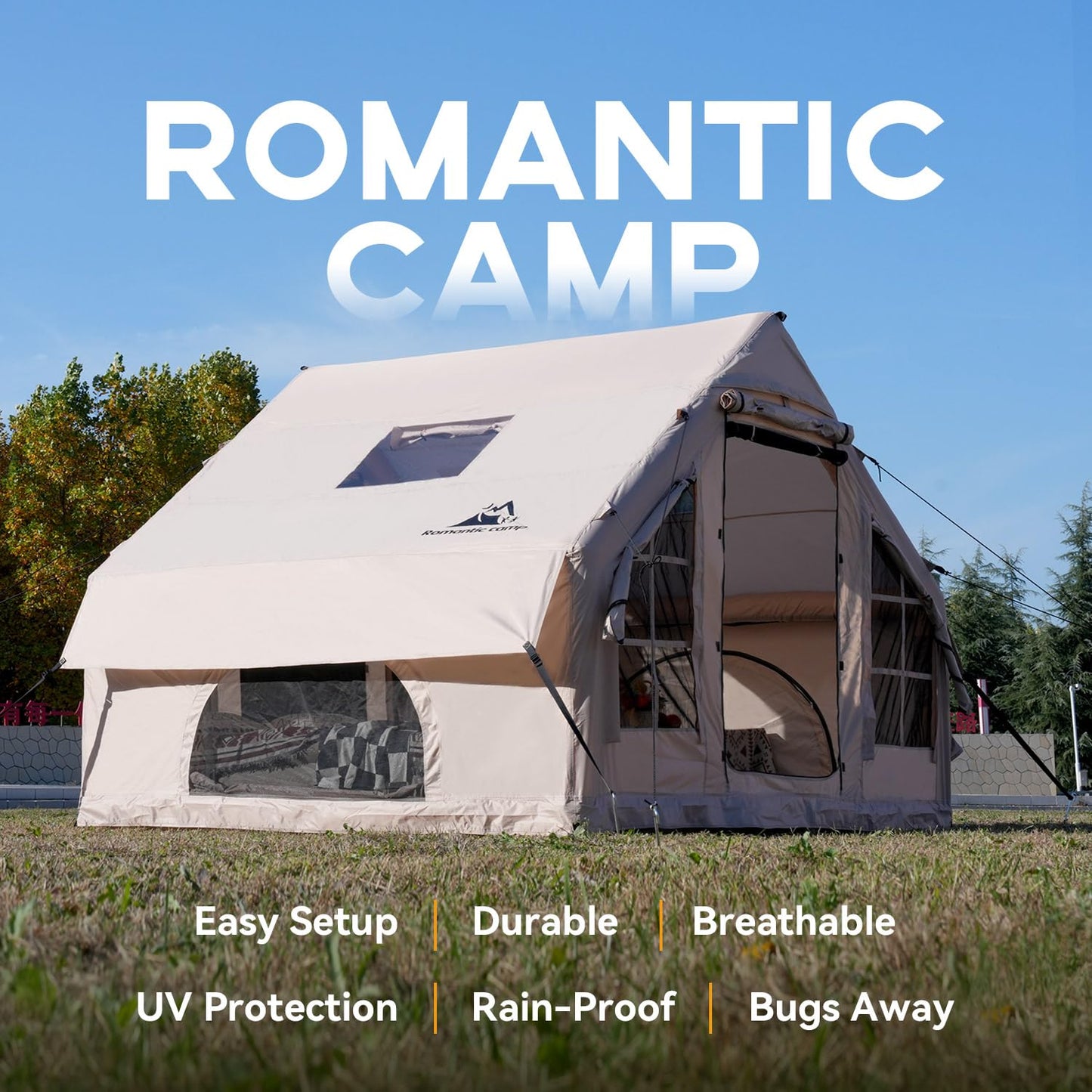 Romantic Camp Inflatable Camping Tent with Pump,4-6 Person Waterproof Blow Up Air Tent for Camping Hiking,Easy to Set Up 4-Season Inflatable House Tent with Oversized Canopy(75FT²).