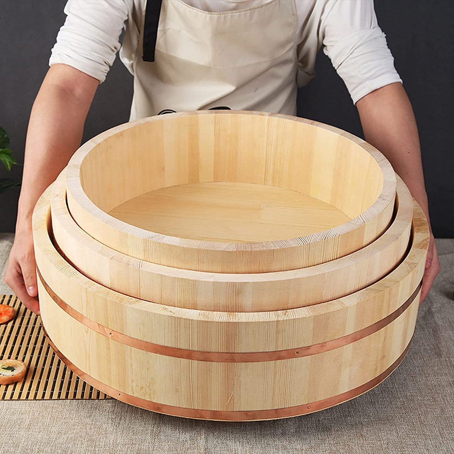 TYRHMY Japanese Wooden Hangiri Sushi Rice Mixing Bowl Tub for Sushi Restaurant Sushi oke White Solid Wood,51cm/20in