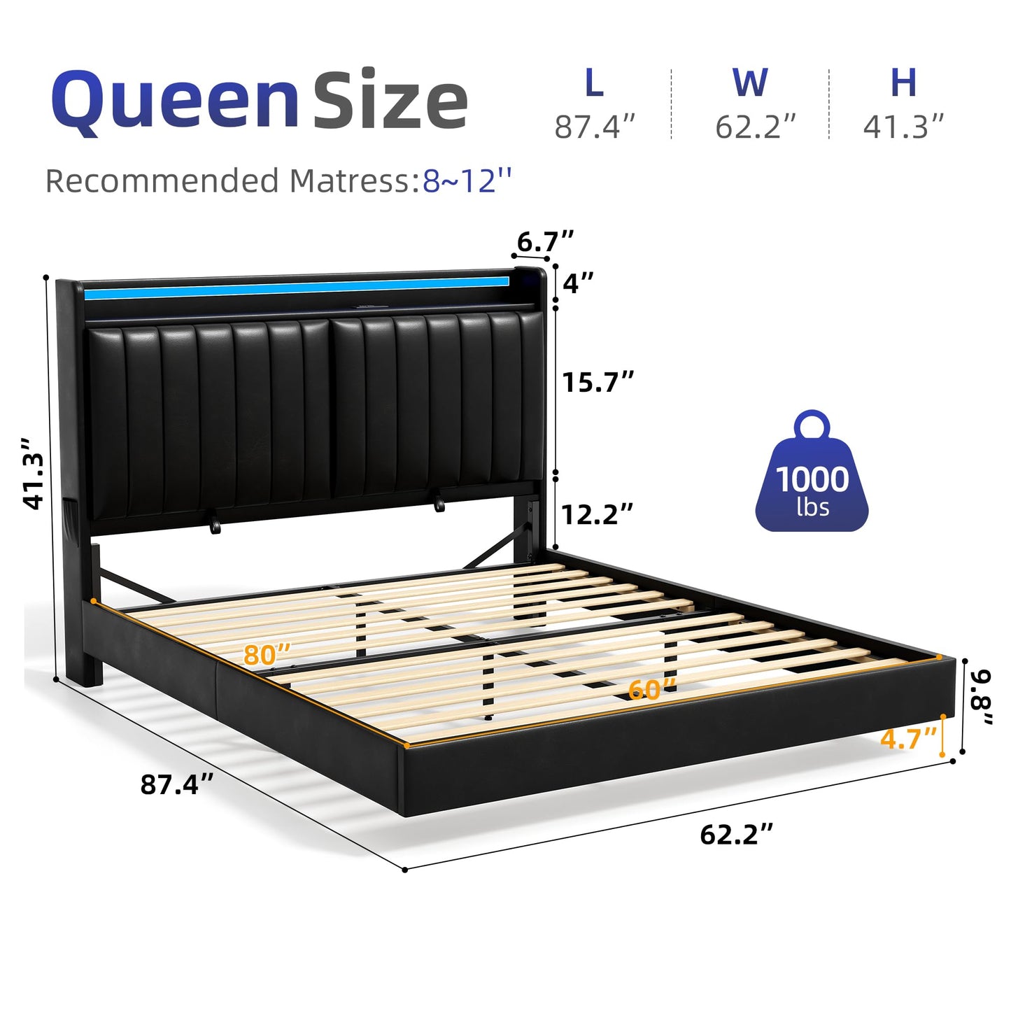 Jocoevol Queen Size Floating Bed Frame with Ergonomic Hidden Storage Headboard and LED Lights, Visual Floating LED Bed Frame with Charing Station, Leather Upholstered Platform Bed, Heavy Duty, Black