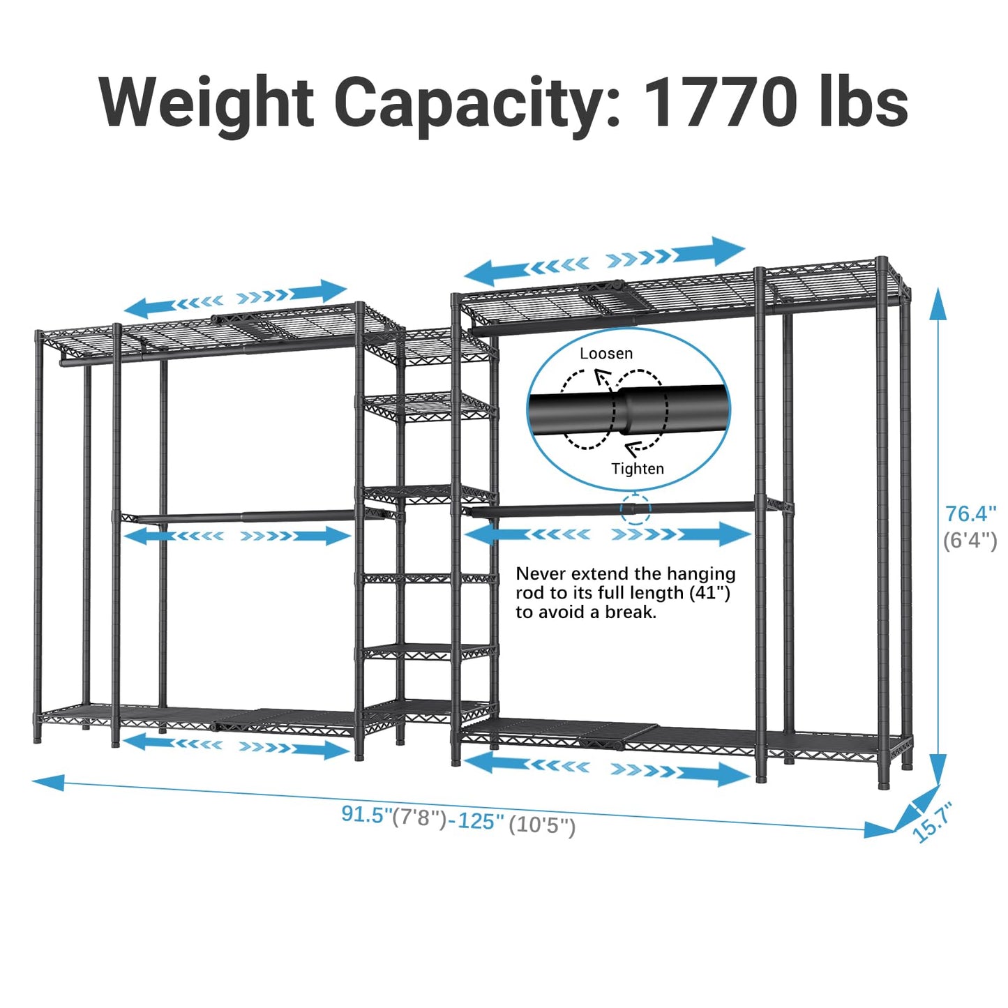 VIPEK X5 Extra Large Expandable Clothes Rack Adjustable from 7'8" to 10'5", Reach-in Closet Metal Clothing Racks Walk-in Freestanding Wardrobe Portable Closets, Black