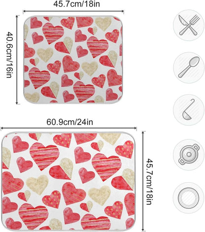 Red Gold Watercolor Hearts Love Dish Drying Mat 16x18 for Kitchen, Valentine's Day Love Flowers Dishes Pad Dish Drainer