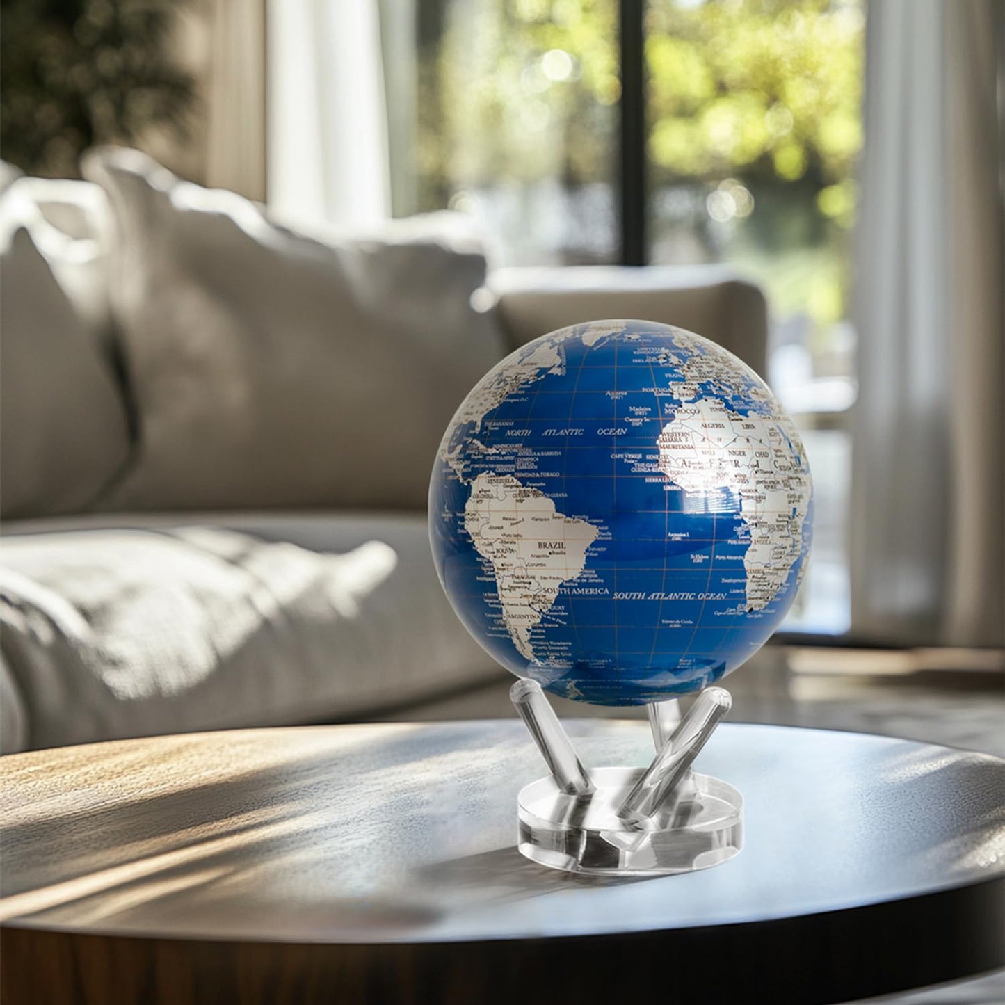 MOVA Globe - Royal Blue and Silver Classic (4.5") | Solar-Powered Spinning Decor for Desk | Self-Rotating Modern Earth Globe | No Batteries Required