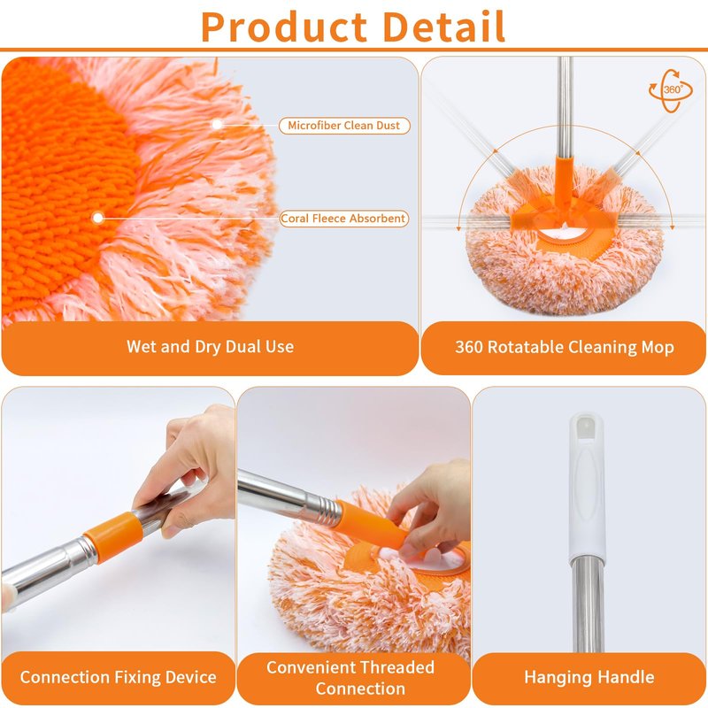 360 Rotatable Adjustable Wall Mop with 5 Mop Heads, 78 Inch Wall Cleaner for Floor, Ceiling & Baseboard