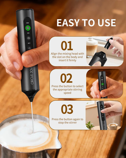 CIRCLE JOY Rechargeable Handheld Milk Frother Wand with Stand, 3 Variable Speeds, 3 Whisks and Storage Box, Electric Drink Mixer for Latte, Cappuccino, Hot Chocolate, Eggs and Protein Powder, Black