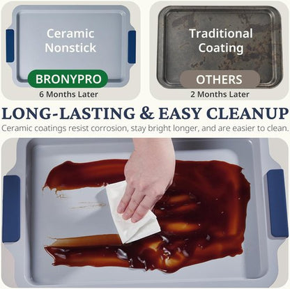 BRONYPRO Non-Stick Ceramic Baking Sheet Set - Natural, PFOA & PTFE Free, Heavy Duty, Navy | Set of 3