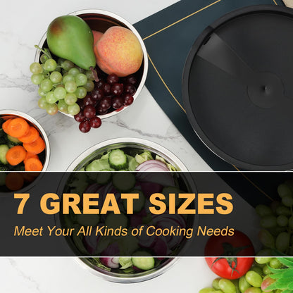Hunnycook 7 Piece Mixing Bowls with Lids Set - Mixing Bowls Stainless Steel Bowls for Kitchen Baking, Size 0.7, 1.1, 1.5, 2.1, 3.5, 4, 4.5QT, Baking Bowl for Food Preparation, Mixing and Serving Foods
