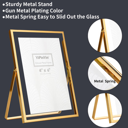 YiPinYin Gold 5x7'' Floating Frame Set of 2, For Photo Sizes 3.5x5'', 4x6'', 5x7'', Luxury Modern Gold Metal Frames for Tabletop/Shelf, Wedding, Birthday, Home or Office Decoration
