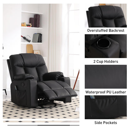 Bonzy Home Oversized Swivel Rocker Recliner, 40" Rocking Recliner Chair with Heated and Massage, PU Leather Single Sofa with Swivel Function, 2 Cup Holders for Living Room Bedroom, Black