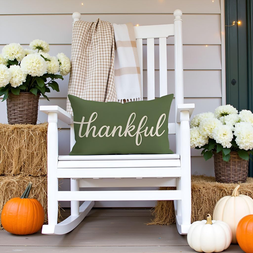 12x20 Inch Thankful Pillow Cover Olive Green Lumbar Decorative Cushion Case Rustic Farmhouse Fall Decor Thanksgiving