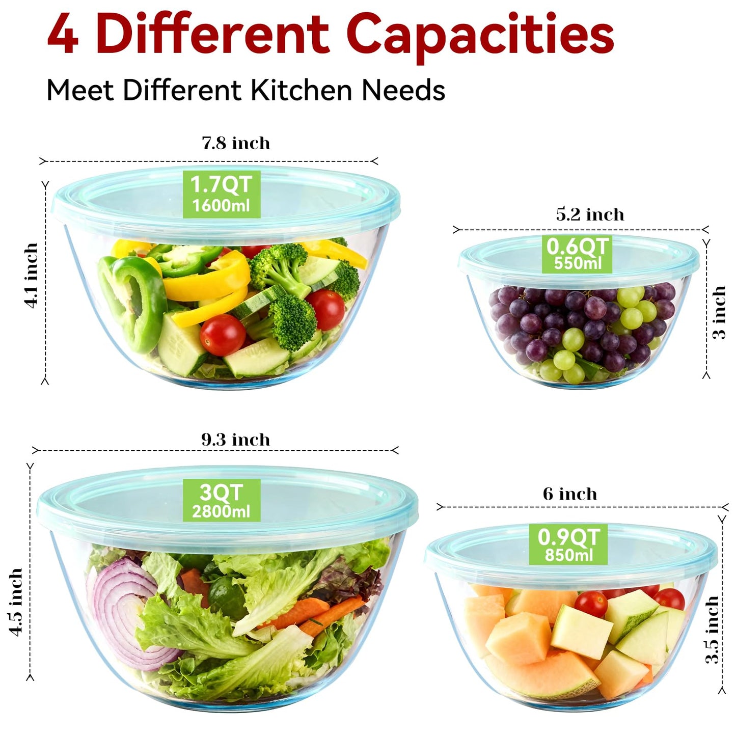 YUANYE 4 Pack Glass Mixing Bowls with Lids Set (3/1.7/0.9/0.6QT),Thick Glass Large Salad Bowl Set, Nesting Kitchen Bowls for Serving, Prepping, Cooking and Baking, Dishwasher, Oven,Microwave Safe