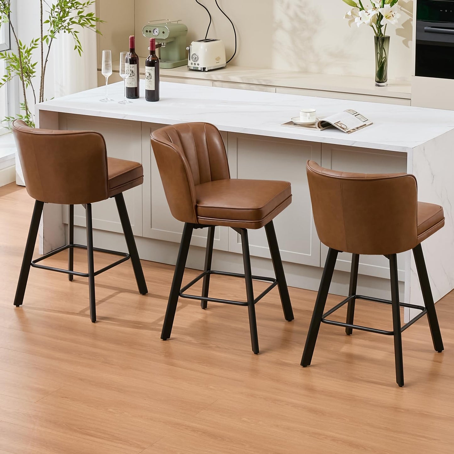 SAECKBERG Swivel Counter Height Bar Stools Set of 4, 26'' Modern Barstools with Backs and Metal Legs, Upholstered Bar Chairs, Faux Leather Dark Brown Stools for Kitchen Island Chairs