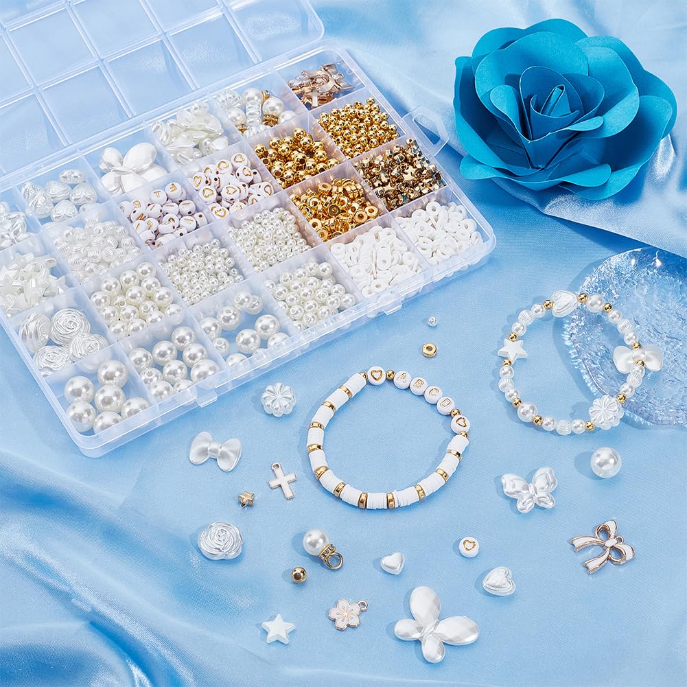 BEAMARKER 1443Pcs Assorted Pearl Beads Bracelet Making Kit Flower Bow Butterfly Star Heart Round Alphabet Gold Spacer Bead Acrylic Alloy Enamel Clay Charms Pendants for DIY Jewelry Bracelet Necklace