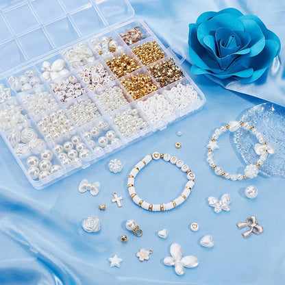 BEAMARKER 1443Pcs Assorted Pearl Beads Bracelet Making Kit Flower Bow Butterfly Star Heart Round Alphabet Gold Spacer Bead Acrylic Alloy Enamel Clay Charms Pendants for DIY Jewelry Bracelet Necklace