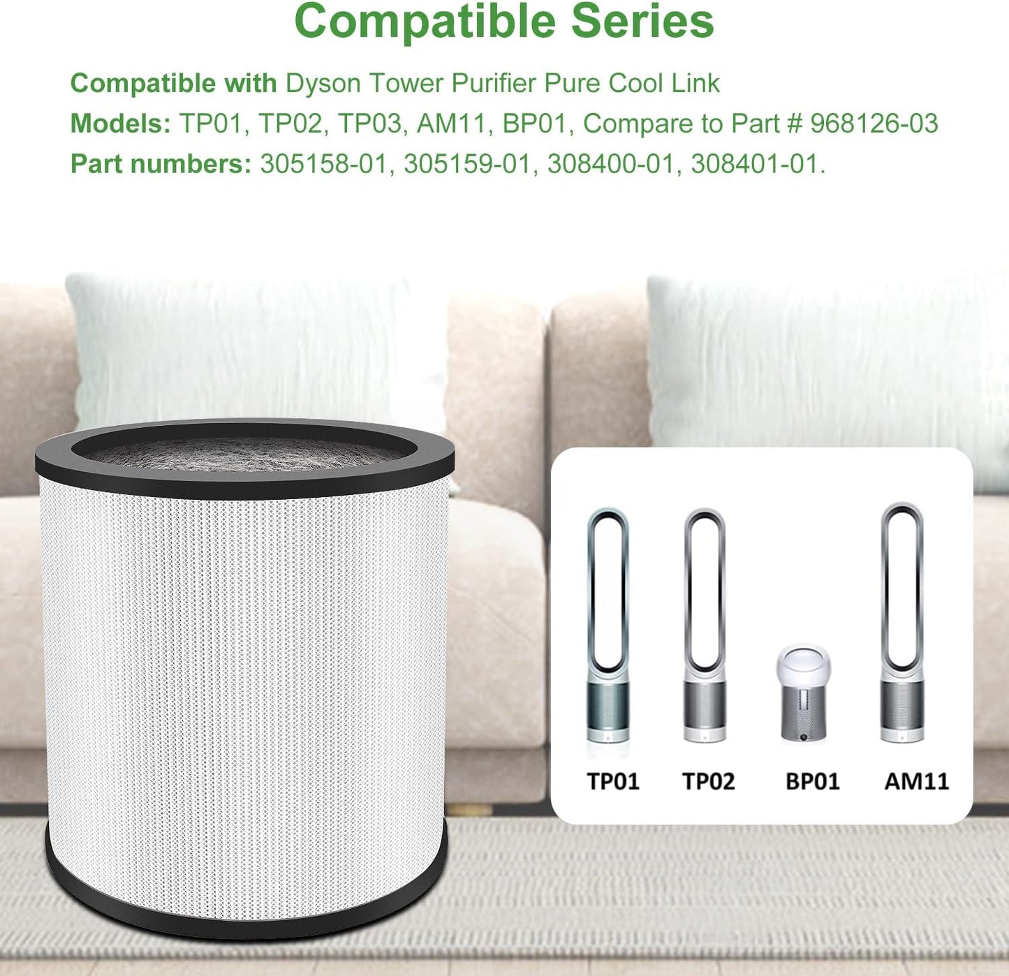 TP01 TP02 Replacement Filter 2 Pack for Dyson Pure Cool Link TP01, TP02, 360° True Filter, Black