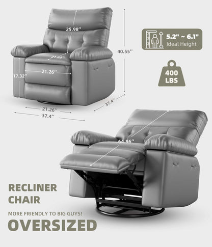 Garvee Oversized Recliner Chair - PU Leather Manual Recliner for Adults, Comfy Reclining Chair with Overstuffed Arms and Back, Side Pocket, Single Sofa for Living Room, Bedroom