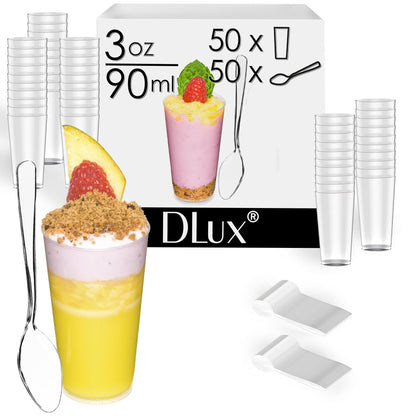 DLux 50 x 3 oz Mini Dessert Cups with Spoons, Shooter - Clear Plastic Parfait Appetizer Cup - Small Reusable Shot Glass for Tasting Party Shooters Desserts Appetizers - With Recipe Ebook