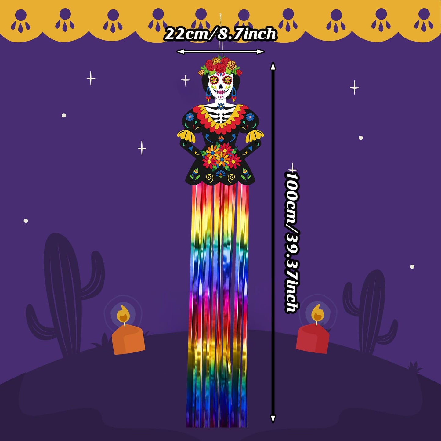 Kigley 8 Pcs Day of the Dead Sugar Skull Hanging Decorations Large Skeleton Dia De Los Muertos Party Decorations Sugar Skull Decor with Tassels Ropes for Halloween Party Outdoor Home 39.4 x 8.7 in