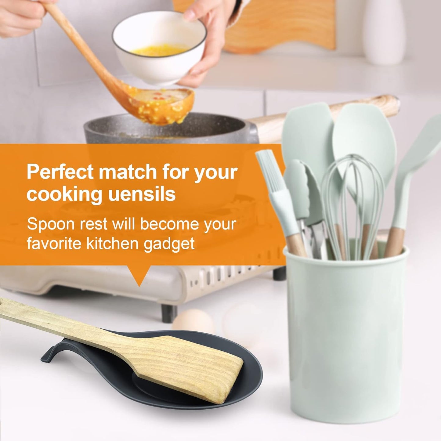 Spoon Rest for Stove Top, 2 Pack Large Silicone Spoon Holder for Kitchen Counter, Heat Resistant Cooking Spoon Holder
