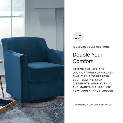 Signature Design by Ashley Bradney Swivel Chair with Blue Velvet Upholstery, Contemporary Shelter‑Arm Seating with Reversible Cushion and Wood Base for Living Room or Bedroom