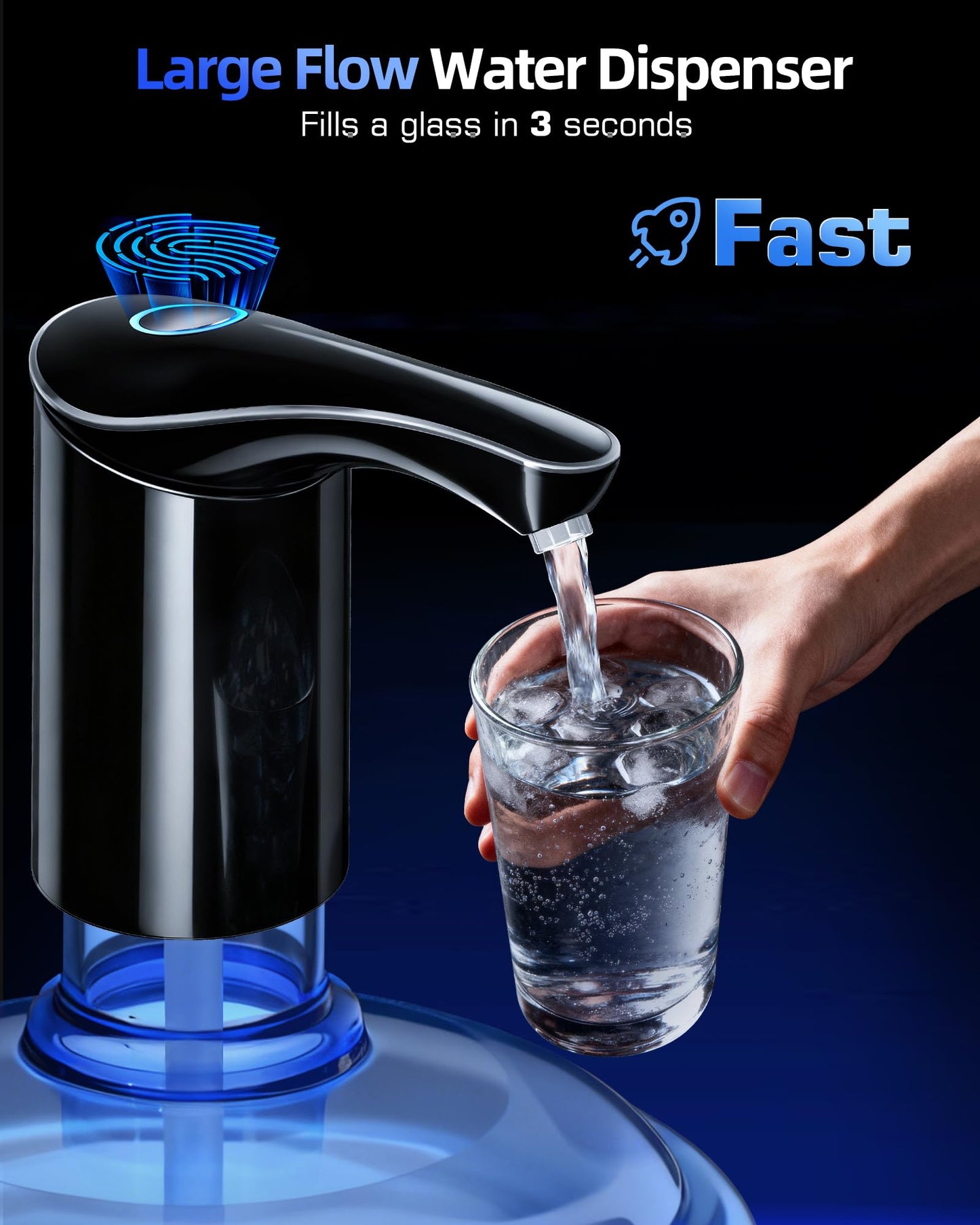 【Highest-Output】 Water Dispenser for 5 Gallon Jug, Electric USB C Water Pump Bottle Whisper-Quiet,Portable Automatic Drinking Jug Pump Rechargeable for Home Office RV Travel Camping(Black)