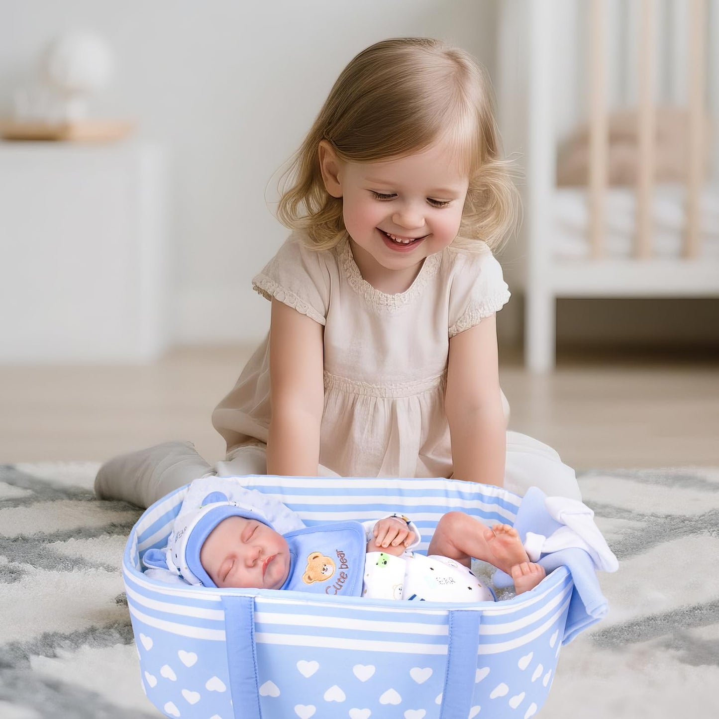Aori Reborn Baby Dolls Bassinet - Baby Doll Carrier Bed Soft Doll Carrier Accessories with Handle for 17-22 inches Newborn Girls (Blue)