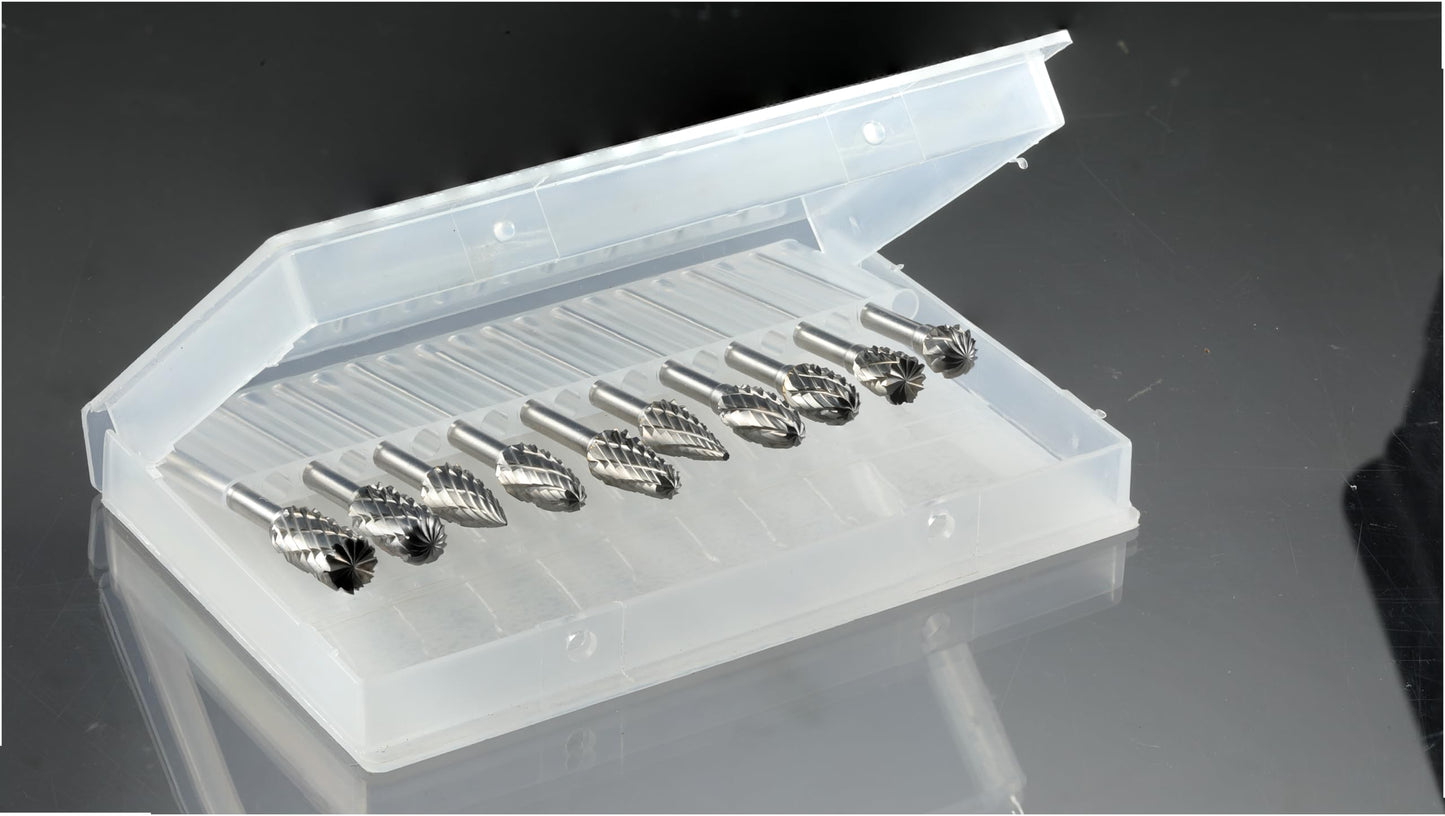 Sworker 10 Pcs Carbide Burr Set 1/8" Shank w/ 2 Collets Compatible with Dremel Bits Rotary Tools Attachment Kit Rasp Drill File Accessories Metal Wood Stone Steel Grinding Carving Cutting Polishing