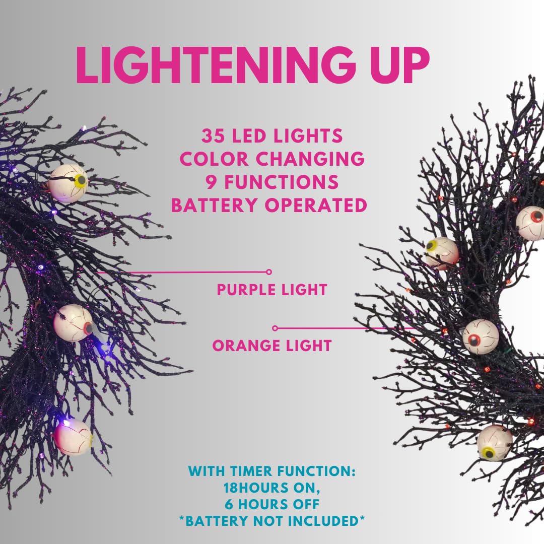 Sunny Bay Atelier Spook-tacular Halloween Wreath - 22" Creepy Eyeball, Black Twig with 35 Purple/Orange LED Lights (Battery Operated with Timer) Spooky Decor for Front Door, Haunted House Decor