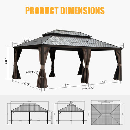 Ginkartu 14x20FT Hardtop Gazebo, Permanent Metal Gazebo with Galvanized Steel Double Roof and Aluminum Frame, Curtain and Netting, Large Pavilion Gazebo for Patio Deck Garden