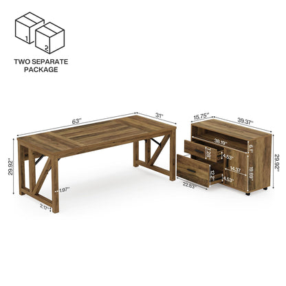 Tribesigns L Shaped Desk with Drawer Cabinet, 63" Executive Computer Desk and lateral File Cabinet, 2 Piece Home Office Furniture with Drawers for Hanging, Door (Rustic Brown, 63 inches)