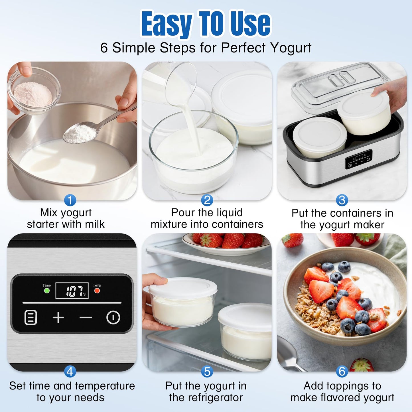 Adjustable Temp & Time Yogurt Maker with Auto Shut-Off, Constant Fermentation, with Two 1-Quart Glass Bowls for Homemade Probiotic Yogurt