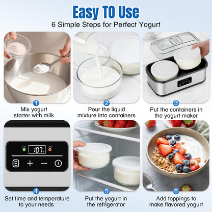 Adjustable Temp & Time Yogurt Maker with Auto Shut-Off, Constant Fermentation, with Two 1-Quart Glass Bowls for Homemade Probiotic Yogurt