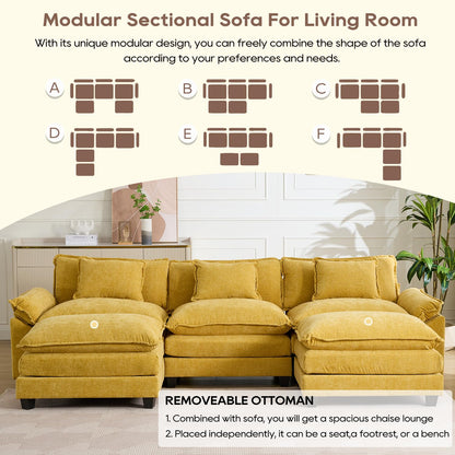 IPKIG 117" Sectional Sofa Cloud Couch, Modern Chenille U-Shaped Couch Comfy Upholstered 3-Seat Sofa with 2 Ottoman, 3 Lumbar Pillow, Deep Seat Modular Sofa for Living Room, Apartment, Studio, Yellow