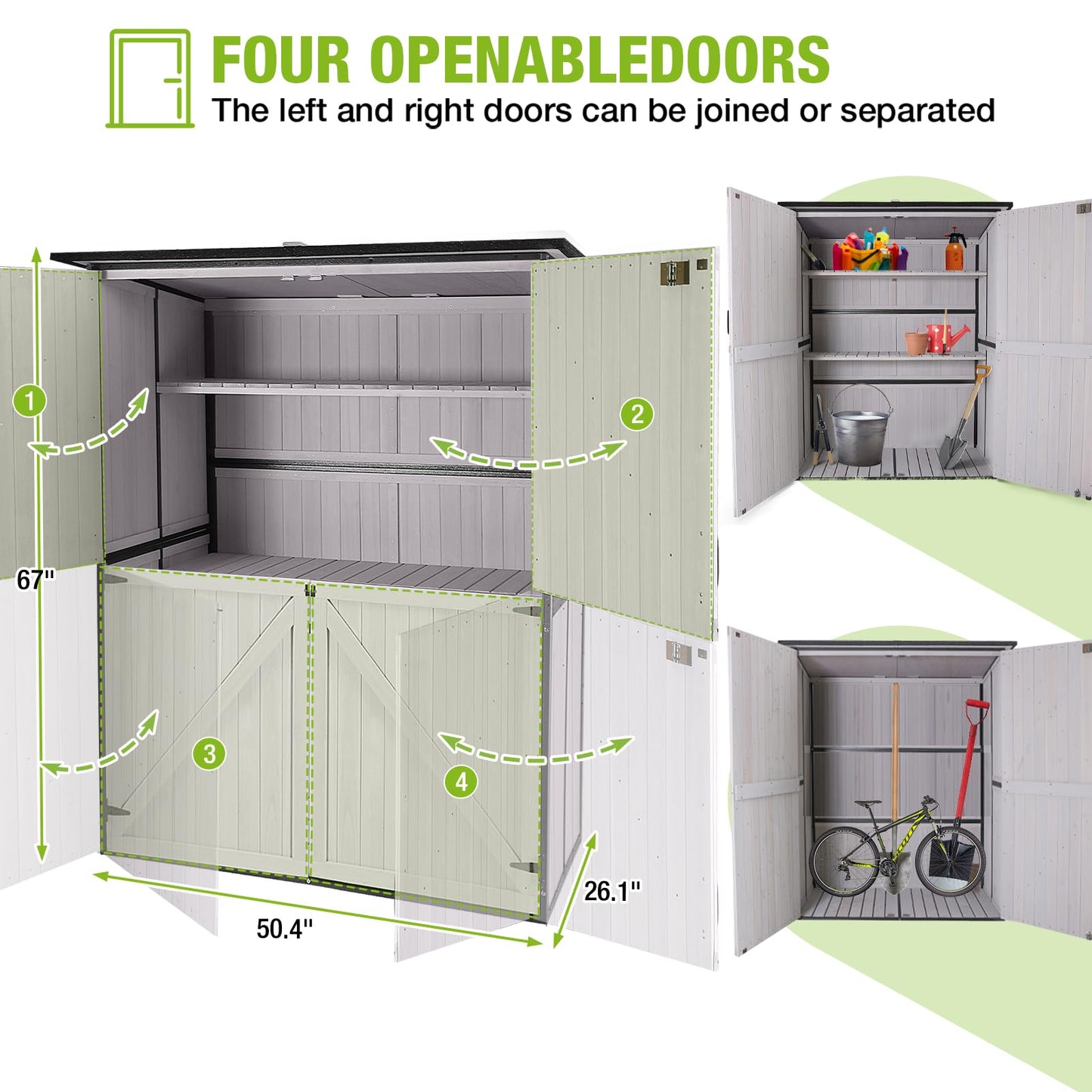 GUTINNEEN Outdoor Storage Cabinet Durable Metal Frame and Solid Wood Vertical Tool Shed with 3 Adjustable Height Shelves and Bottom Floor for Patio, Garden, Backyard, 55" L x 29" W x 67" H