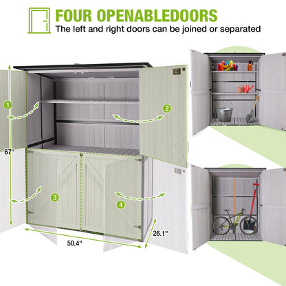 GUTINNEEN Outdoor Storage Cabinet Durable Metal Frame and Solid Wood Vertical Tool Shed with 3 Adjustable Height Shelves and Bottom Floor for Patio, Garden, Backyard, 55" L x 29" W x 67" H