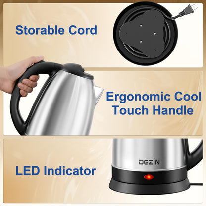 DEZIN Electric Kettle Upgraded, BPA Free 2L Stainless Steel Tea Kettle, Fast Boil Water Warmer with Auto Shut Off and Boil Dry Protection Tech for Coffee, Tea, Beverages
